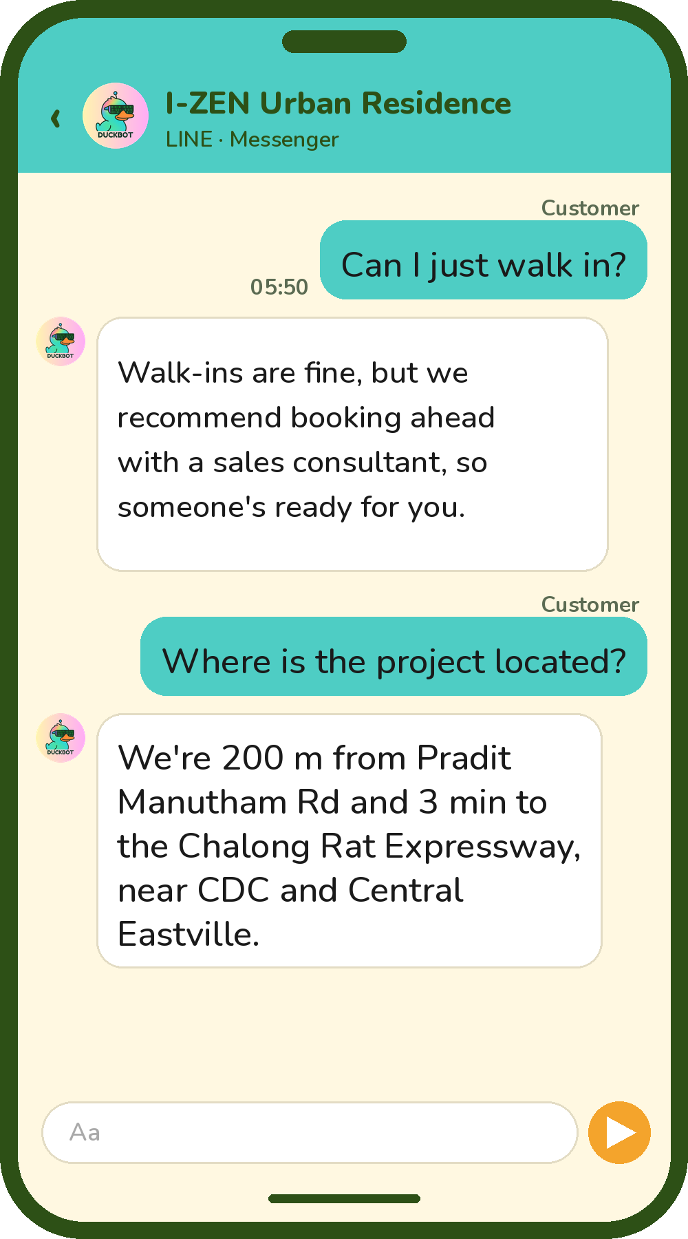 Reconstructed LINE chat: a Customer asks at 05:50 if they can walk in; Duckbot says walk-ins are fine but booking ahead with a sales consultant is recommended, then shares the project location.