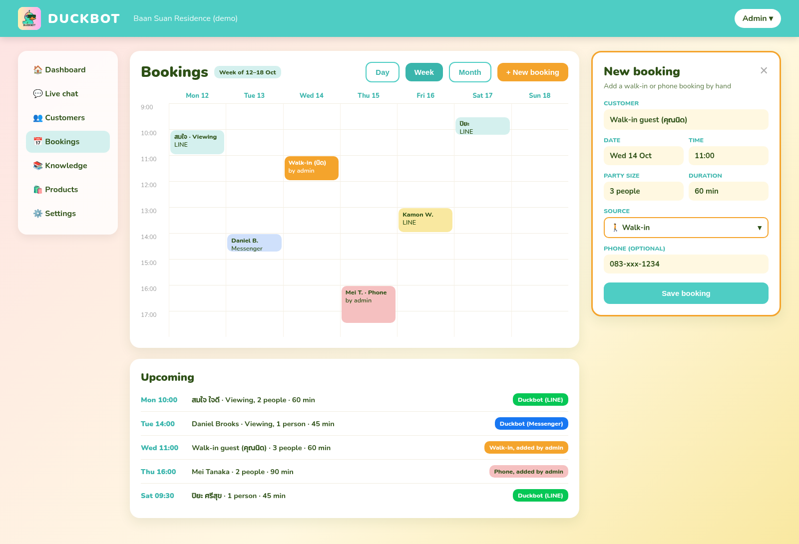 Duckbot dashboard bookings page with a calendar view and a list of sample bookings, including bookings made by the bot and ones added by an admin. Demo data.